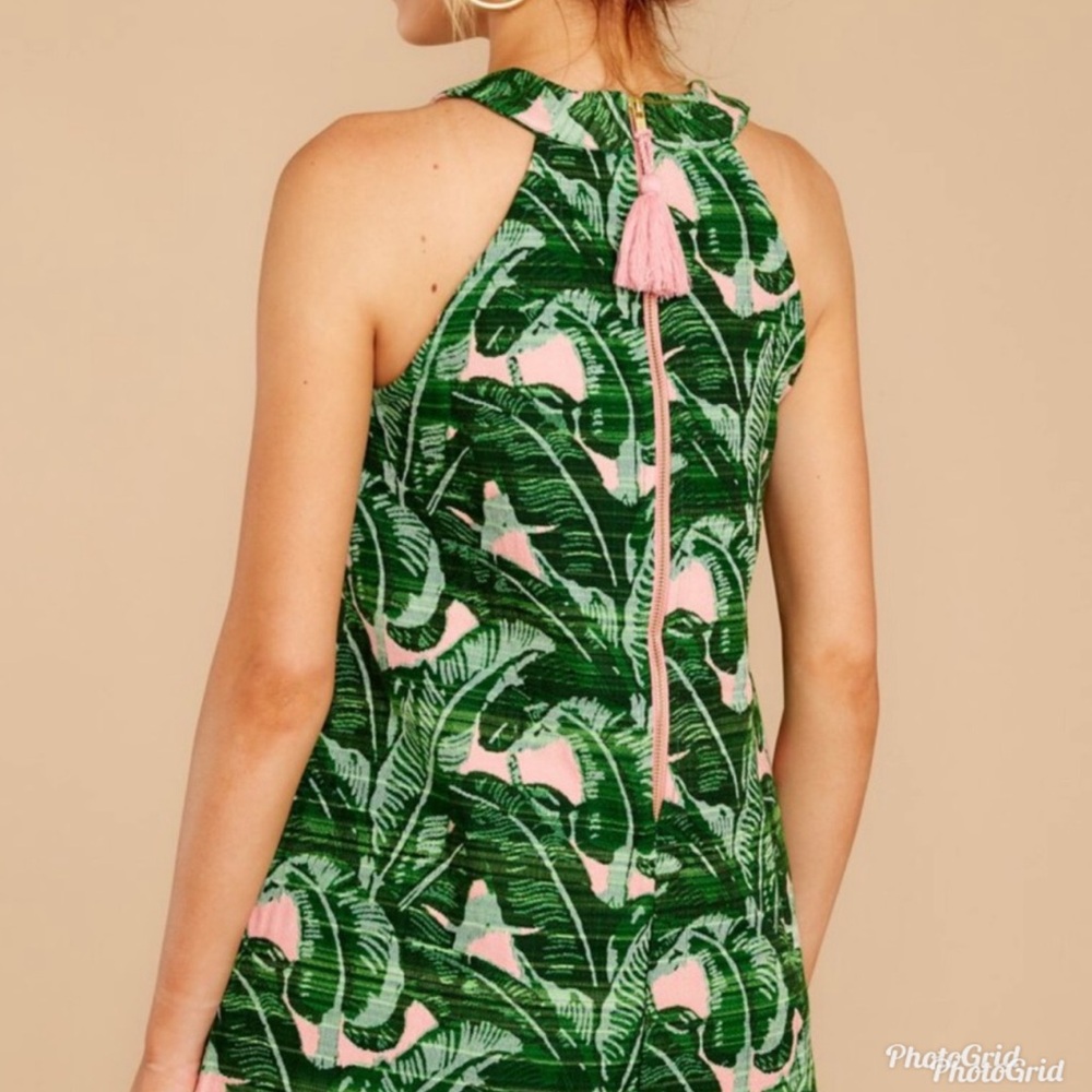Judith March Lady of Summer palm print mini dress high neck green and pink large - Picture 3 of 13